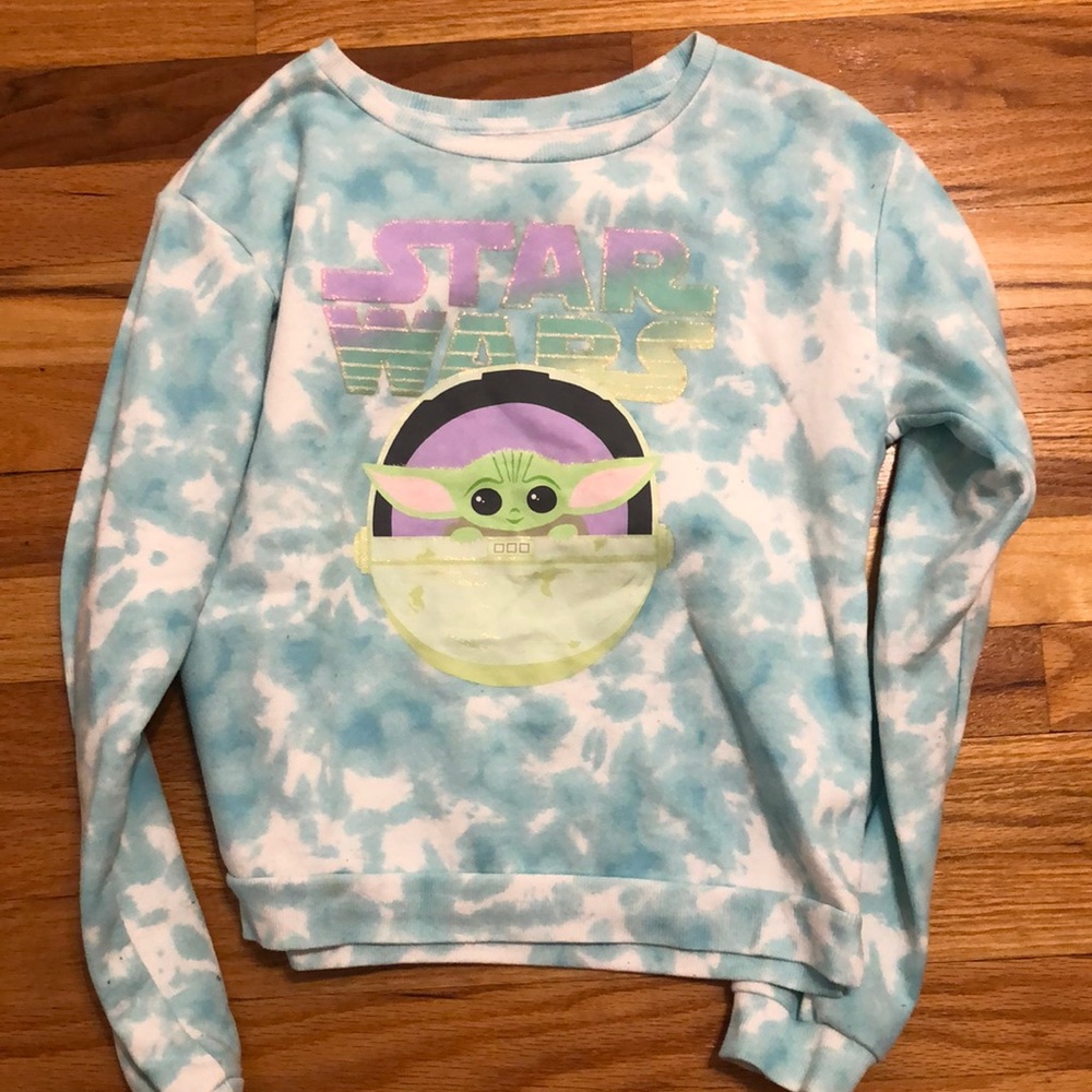 Blue and White Tie Dye, Star Wars Grogu/Baby Yoda Crewneck Girls